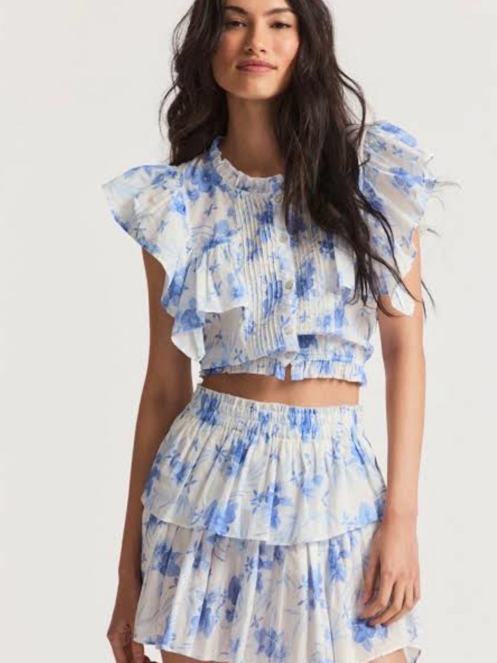 LoveShackFancy White and Light Blue Floral Ruffle Crop Top and matching skirt